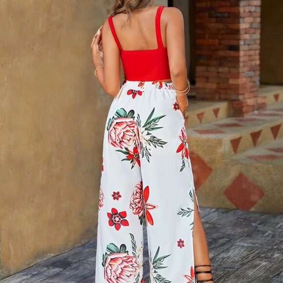 Boho Womens Solid Cami Top & Floral Print Split Thigh Pants set - Picture 2 of 5